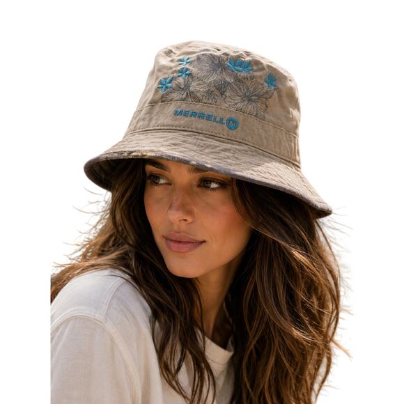 Merrell Accessories - Merrell Floral Embroidered Bucket Hat Beige Blue Outdoor Boho Sun Hat Women’s